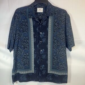 Paradise Axis Mens L Large Tropical Blue & White Floral Hawaiian Button Up Shirt